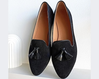 Women's Loafers, Black Suede Tassel Moccasins, Almond-toe Slip-ons, Casual Low Heeled Shoes, Stylish Everyday Woman, Formal Business Shoes