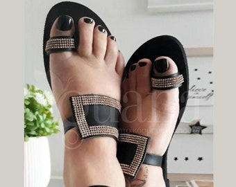 Black Leather Sandals, Roman Toe Ring Sandals, Bling Shoes