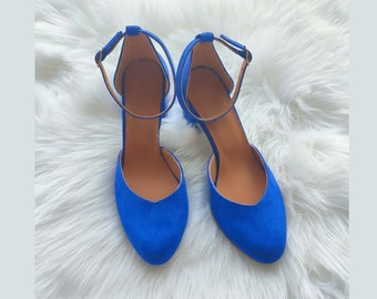 Blue Royal Suede Block Heels, Blue Leather Shoes, Block Heel Pumps, Handmade Suede Pumps, Blue Heels, Pointed Toe Pumps, Something Blue