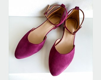 Woman Flats Fuchsia Suede, Ballerinas Shoes With Ankle Strap, V Cut, Pointed Toe Flats, Ballet Shoes, Fuchsia Leather, Closed-toe Sandals