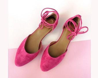 Hot Pink Farbe, Damen geschlossene Sandalen, Ballerinas Schuhe mit Knöchel wickeln um Krawatte, spitze Zehenschuhe, hellrosa Wildleder flache Schuhe