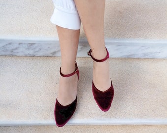 Red Women's Shoes, Low Heel Pumps with Ankle Closure, Ready Sizes 36/37 EU, Closed-toe Velvet Shoes, Red Wine Pointy Ballts, Stylish Comfy