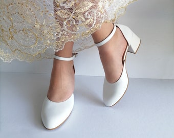 Low Block Heel Wedding Shoes, White Leather Pumps, Closed Toe Heels, Bridal Shoes, Ankle Wrap Heels, Wedding Pumps, Shoes Women Leather