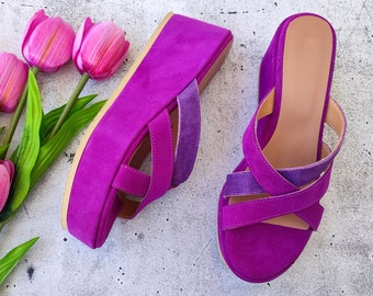 Sandalias de cuña de tacón alto sin cordones para mujer, cuñas de cuero morado, sandalias de plataforma de gamuza, hechas en Grecia, tacones de moda con tiras cruzadas, zapatos gruesos
