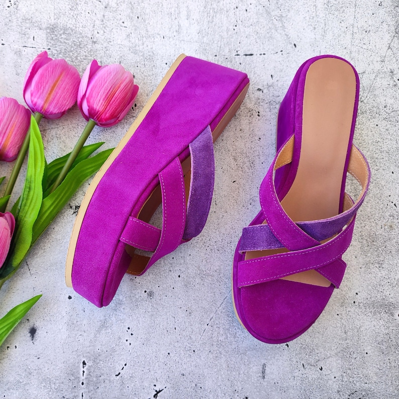 Women's Slip-On High Heel Wedges, Purple Leather Wedges, Suede Platform Sandals, Made in Greece, Cross-front Fashion Heels, Chunky Shoes image 1