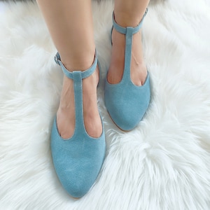 Blue Wedding, Women&#39;s Closed-Toe Sandals, T-Strap Flats with Ankle Closure, Retro Styled Shoes, Soft Blue Suede Ballet Pumps, Guest Shoes