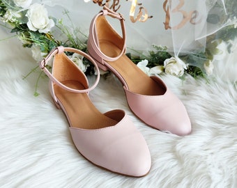 Dusty Pink Bridal Flats, Blush Leather Women Wedding Shoes, Pink Ballerinas With Ankle Strap, Pointy Toe Shoes, Women's Closed-toe Sandals