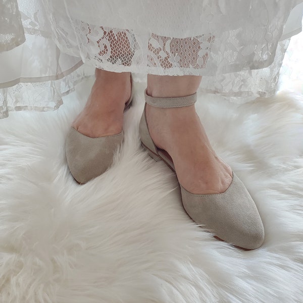 Bride's Choice, Closed-Toe Beige Gray Suede Wedding Shoes, Special Day Ballerinas, Suede Ankle Strap Flats, Timeless Wedding Pumps