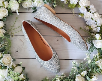Bridal Shoes Silver Glitter Flat Shoes Glitter Wedding Flats