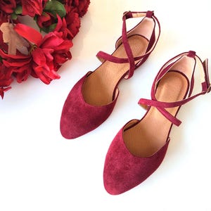 Burgundy Pointed-toe Suede Pumps, Classic Leather Ballet Flats, Chic Dark Red Cross Front Closure Shoes, Timeless Season Stylish Shoes