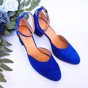 Royal Blue Heels For Bride, Blue Suede Leather, Women Bridal Pumps, Medium Block Heel Shoes, Women&#39;s Closed Wrap Sandal, Pointed-toe Pumps