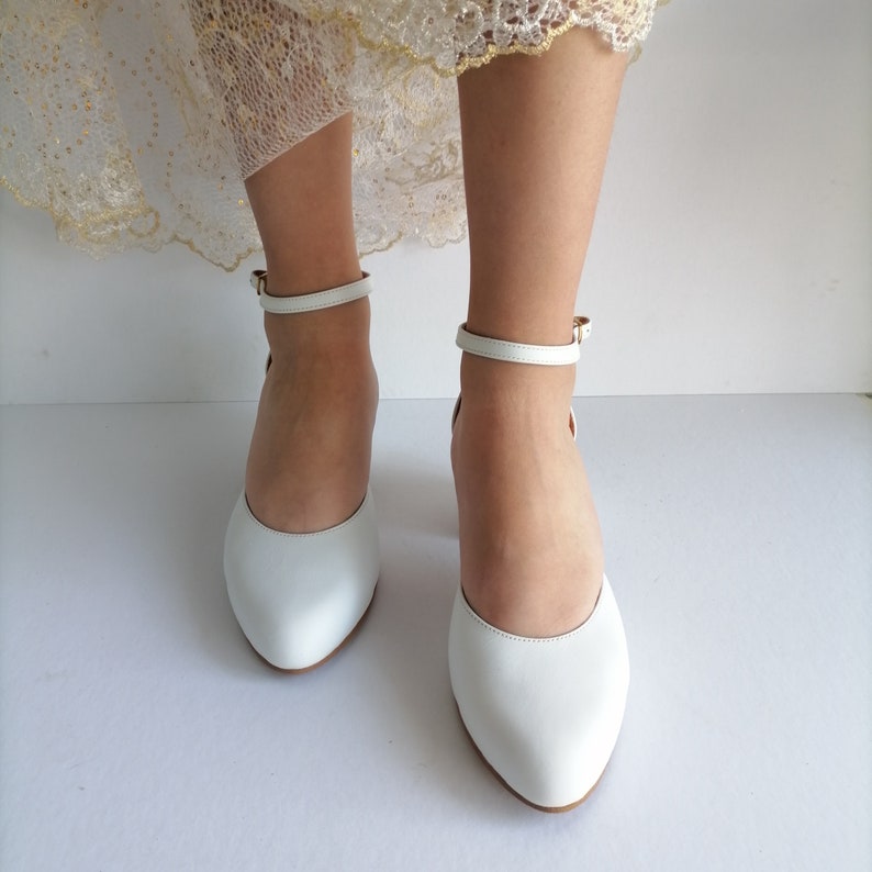 Low Block Heel Wedding Shoes, White Leather Pumps, Closed Toe Heels, Bridal Shoes, Ankle Wrap Heels, Wedding Pumps, Shoes Women Leather image 6