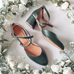 Bridal Dress Pumps, Soft Leather Women's Shoes, Bridesmaid Green Heels, Dark Green Special Occasion Shoes, Cross-Front Closing Straps image 7