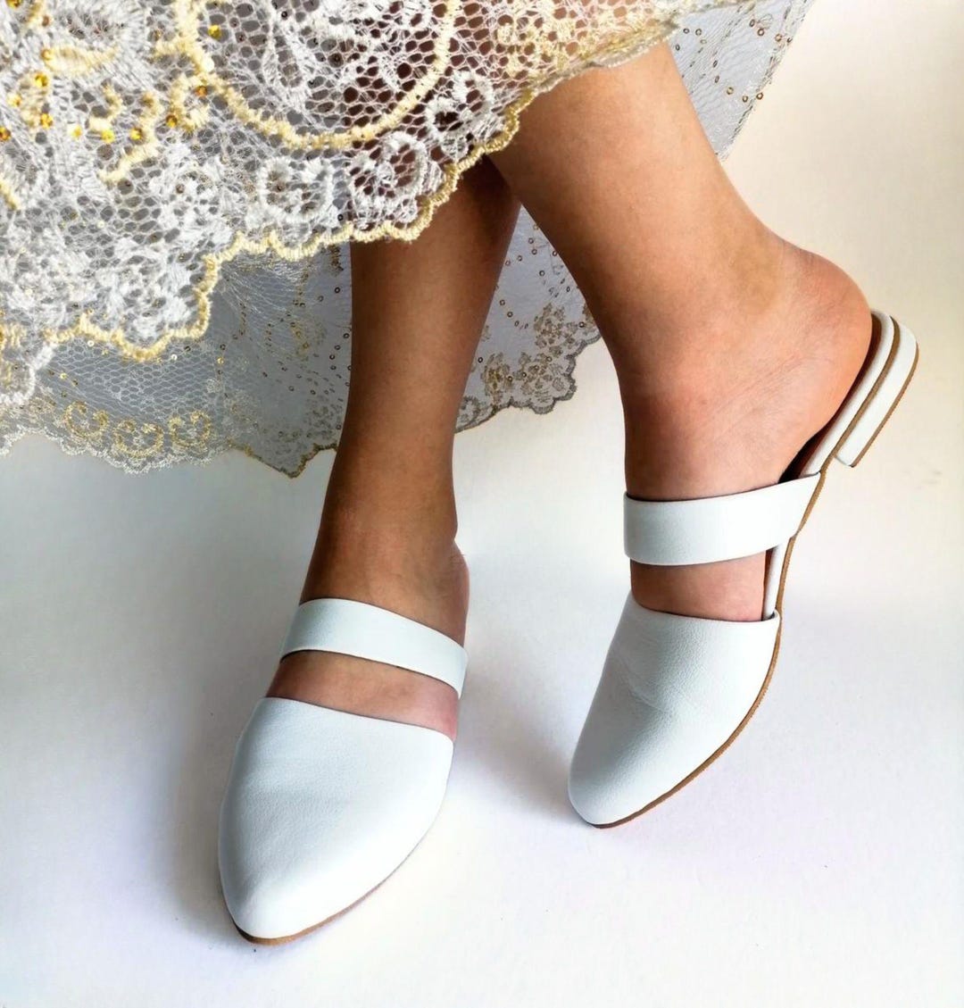 white wedding mules
