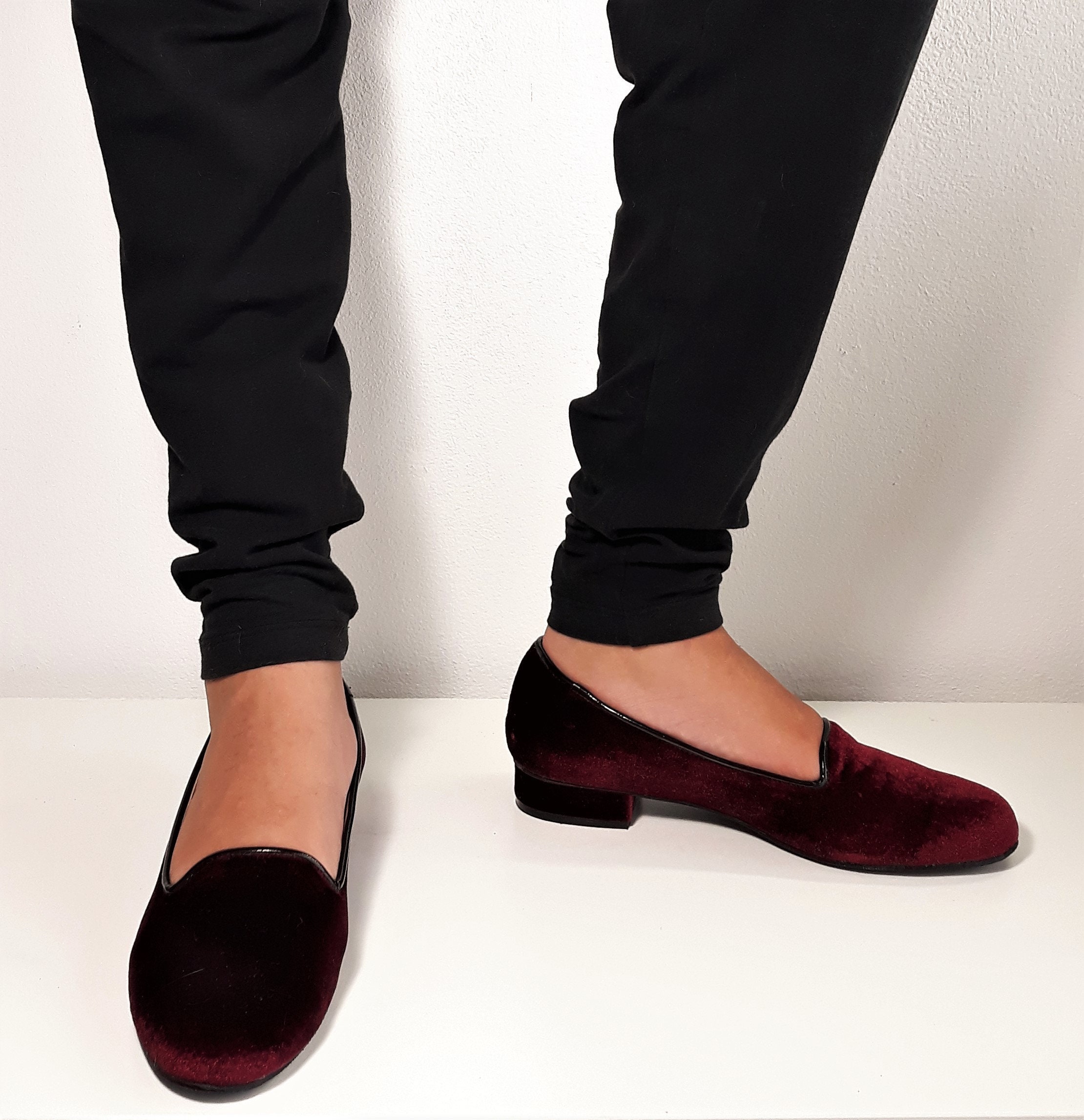 Classic Loafers Women Wine Red Velvet 