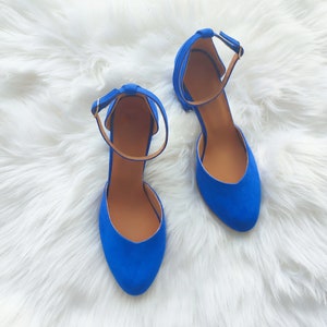 Blue Royal Suede Block Heels, Blue Leather Shoes, Block Heel Pumps ...