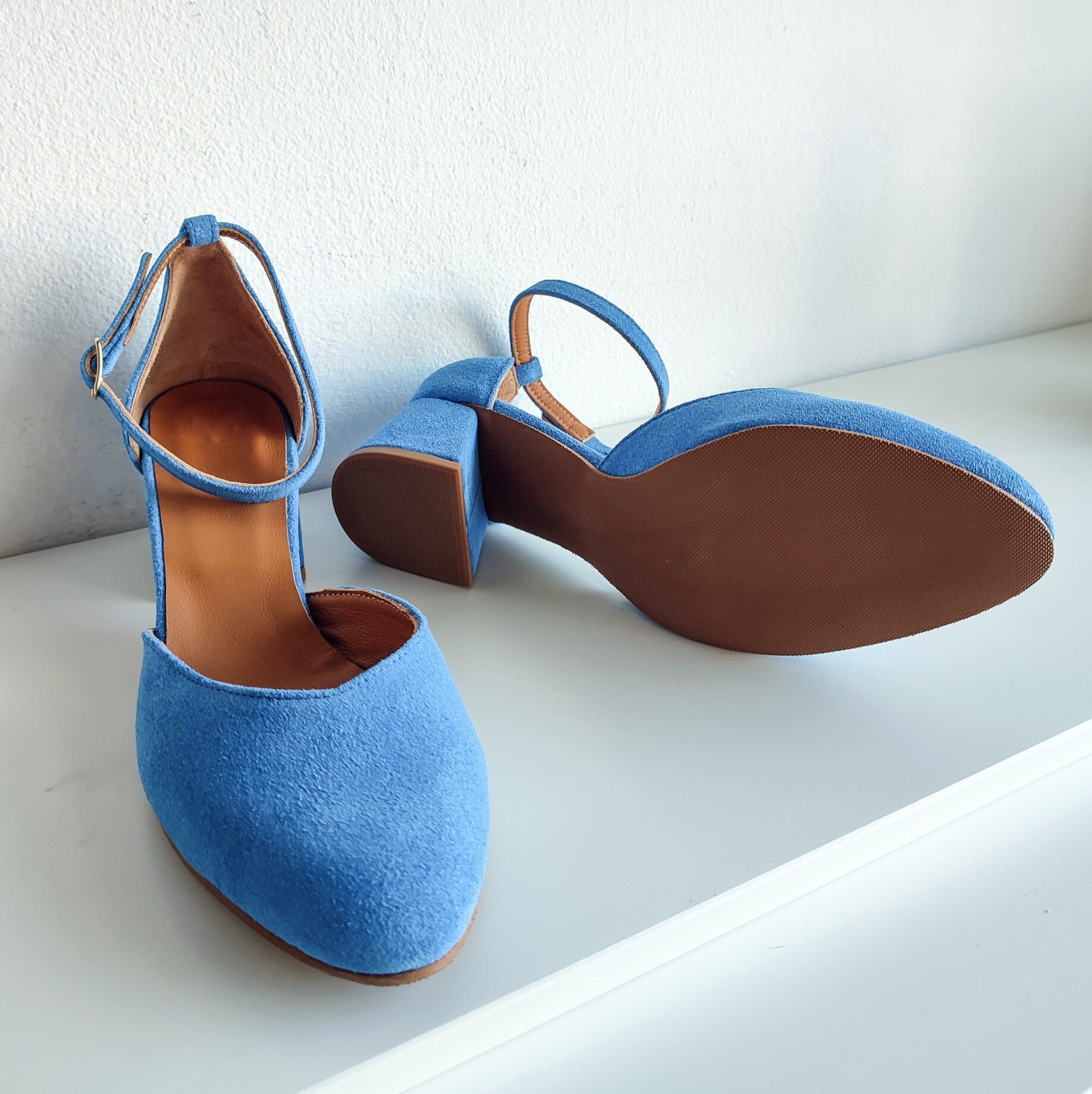 Blue Leather Shoes Handmade Women s Pumps Wedding Pointed Toe