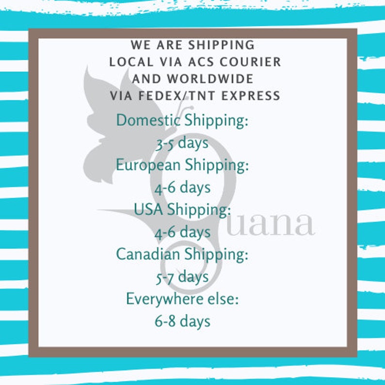 K&ouml;nnte beinhalten: Eine Grafik mit einem Schmetterlingsdesign und dem Text "WE ARE SHIPPING LOCAL VIA ACS COURIER AND WORLDWIDE VIA FEDEX/TNT EXPRESS" sowie einer Auflistung der gesch&auml;tzten Lieferzeiten f&uuml;r nationale, europ&auml;ische, US-amerikanische, kanadische und internationale Bestellungen.