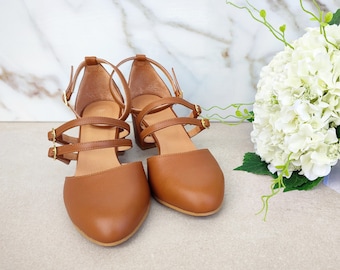 Braune Leder Pumps, Mid Block Riemchen Anklet Heels, Handgefertigte, Elegante, Bequeme Hochzeit und Abendkleid Schuhe