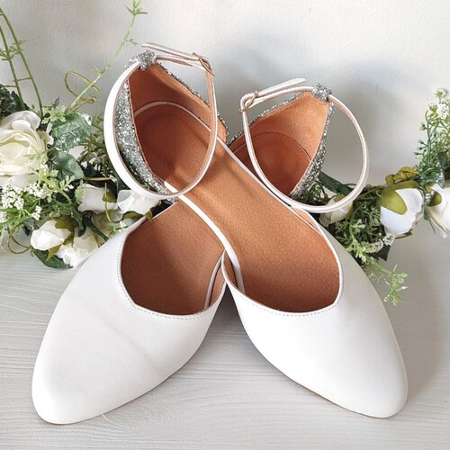 Backyard Marriage, Silver Glitter & White Leather Wedding Shoes, Closed Toe Flat Sandal, Ankle Wrap Closure, Wedding Gown Shoes, Flower Girl shops