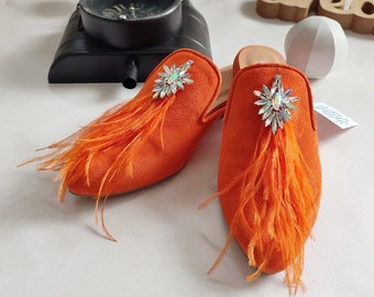 Women's Orange Luxury Mules with Feather Jewelled Crystal Decor, Orange Suede Slip-On Flat Sandals, Pointed Toe Dress Shoes, Stylish Slipper