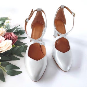 Beautiful Criss-cross Flattering White Bridal Leather Shoes, Made to Order High Block Heels, Wedding, Party, Comfy Special Event Pumps