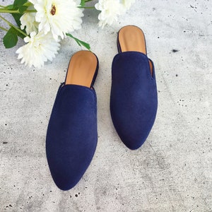 May include: A pair of navy blue suede slip-on mules with a pointed toe and a tan insole. The shoes are displayed on a gray concrete surface, with white flowers in the background.