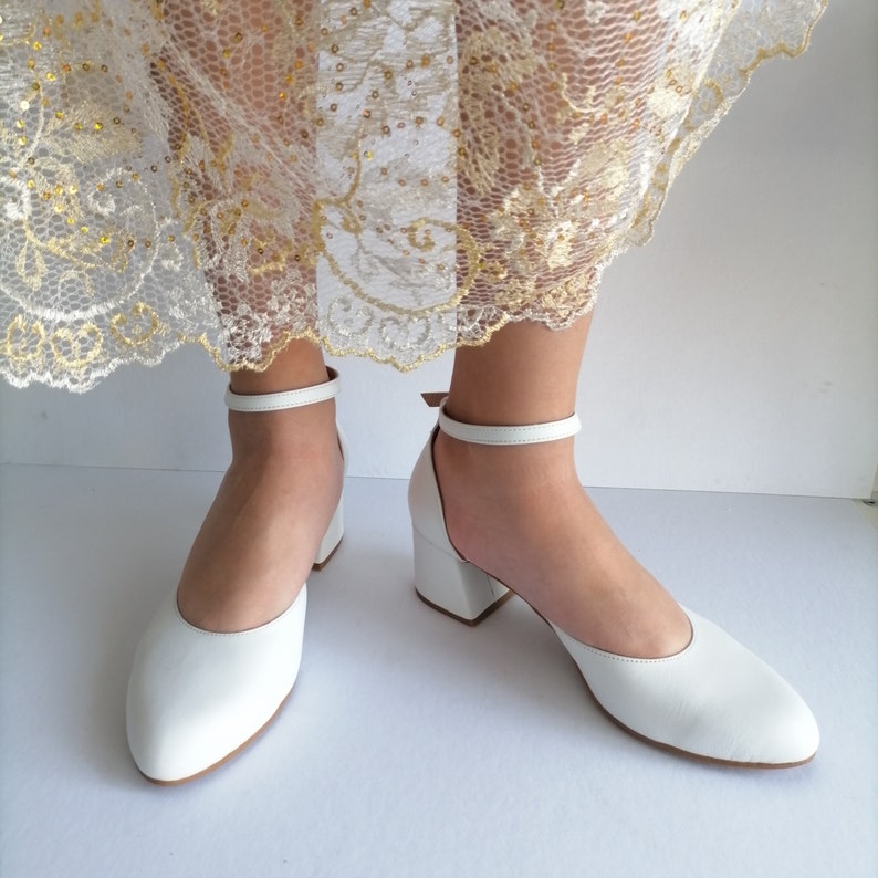 Low Block Heel Wedding Shoes, White Leather Pumps, Closed Toe Heels, Bridal Shoes, Ankle Wrap Heels, Wedding Pumps, Shoes Women Leather image 4