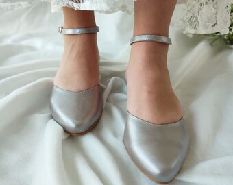 Metallic Blush Bridal Shoes, Pearl Sand Leather Wedding Shoes, Flats For Bride, Ankle Strap Ballerinas Shoes, Metallic Sand Pointy Toe Shoes