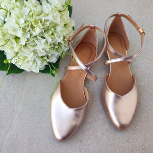 Wedding Gown Pumps in Rose Gold, Cross Front Ankle Strap Flats, Pink Gold Bridal Pumps, Elegant Metallic Pointy Bridesmaids Shoes
