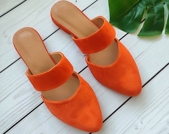 Orange Wedding Closed-toe Sandals, Comfy Bridal, Minimalist Wedding, Women's Low Heel Mules, Orange Leather Mules, Maid Of Honor Shoes