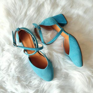 Something Blue For Bride, Turquoise Closed Toe Wedding Dress Shoes, Ankle Wrap Block Pumps, Cross Front Heels, Lovely Blue Wedding