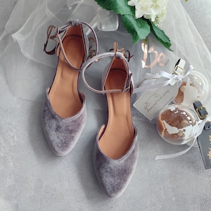 Velvet Women Bridal Shoes, Flats For Bride, Ballerinas Shoes With Ankle Strap, Pointy Toe Shoe, Women&#39;s Closed-toe Sandals, Bride&#39;s Gift Box