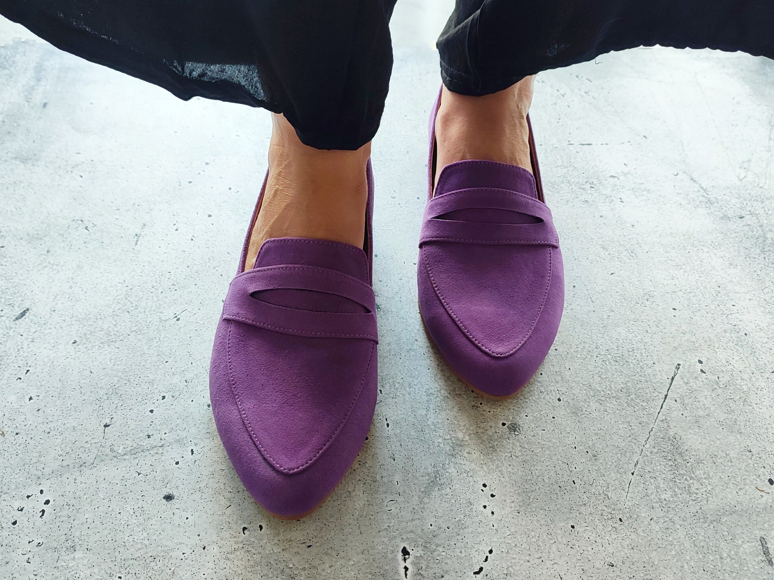 Women Purple Suede Loafers, Leather Slip-ons, Classic 