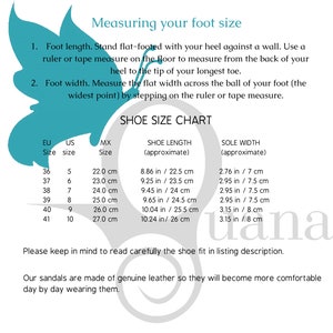 May include: Shoe size chart with measurements in inches and centimeters for European, US, and Mexican sizes. The chart includes shoe length and sole width.