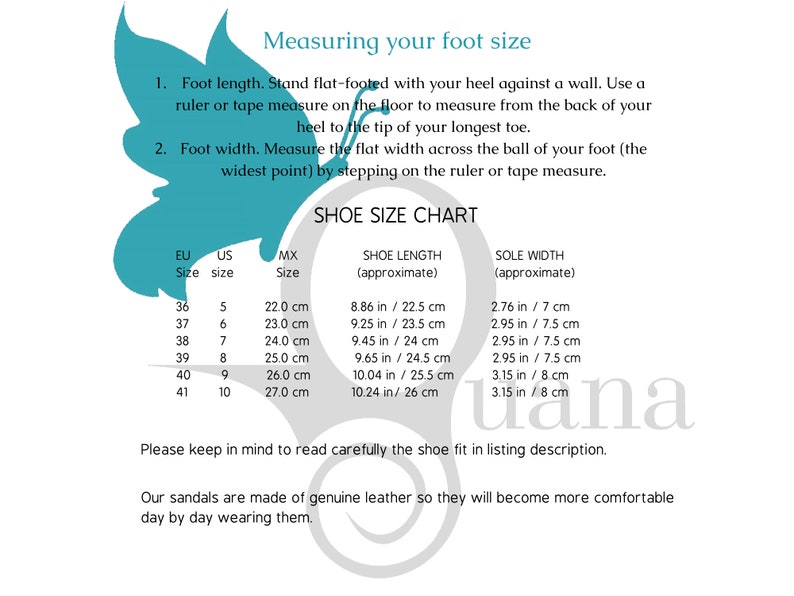 May include: Shoe size chart with measurements in inches and centimeters for European, US, and Mexican sizes. The chart includes shoe length and sole width.