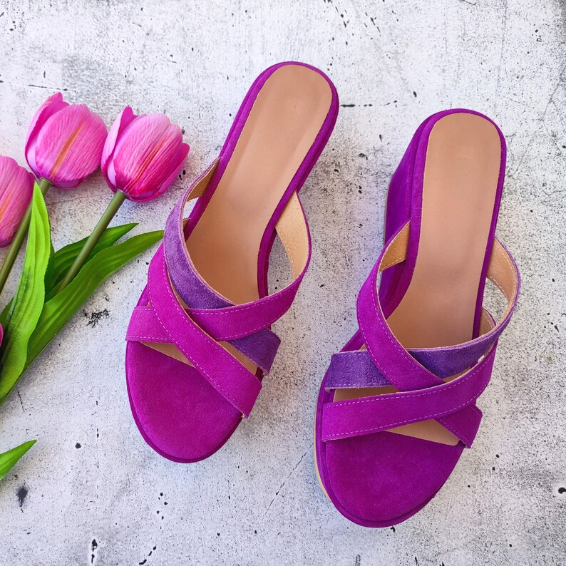 Women's Slip-On High Heel Wedges, Purple Leather Wedges, Suede Platform Sandals, Made in Greece, Cross-front Fashion Heels, Chunky Shoes two tones purple