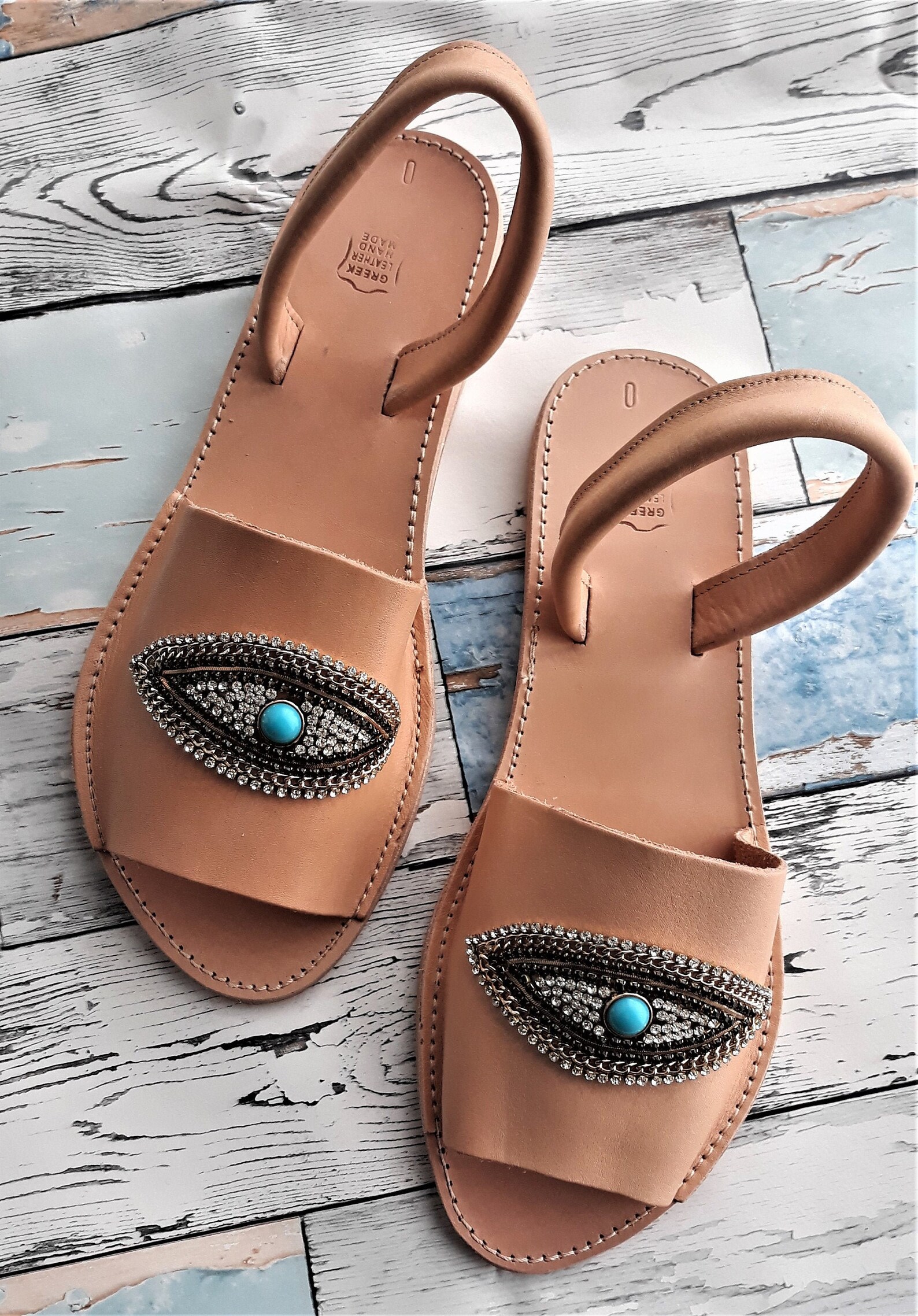 Strass Evil Eye Shoes Tan Leather Slingback Sandals Greek Etsy
