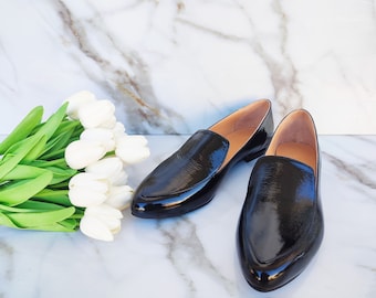 Smooth Glossy Black Leather Loafers, Current Design, Pointed Toe Shoes, Modernly Crafted Slip-Ons, Women's Leather Flat Moccasins