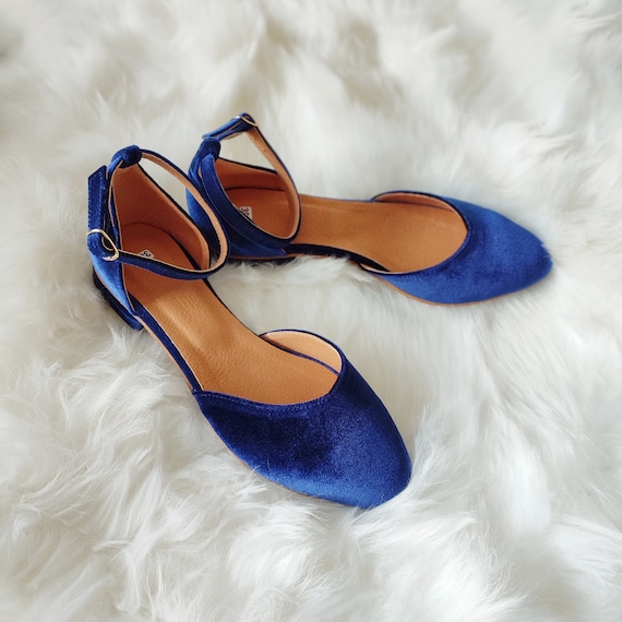 Blauwe dames puntige teen schoenen fluwelen lage hak pumps - Etsy België