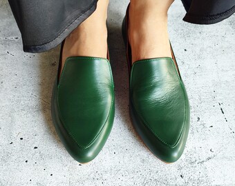 Women's Leather Moccasins, Low Heel Shoes, Smooth Green Leather Loafers, Modernly Designed Slip-Ons, Contemporary Style, Pointy Toe Shoes