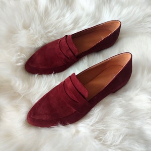 Burgundy Suede Loafers, Pointy Toe Low Heel, Wine Red Leather Moccasins, Women's Business Look, Slip-on Stylish Shoes, All-Day Comfort
