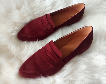 Burgundy Suede Loafers, Pointy Toe Low Heel, Wine Red Leather Moccasins, Women's Business Look, Slip-on Stylish Shoes, All-Day Comfort