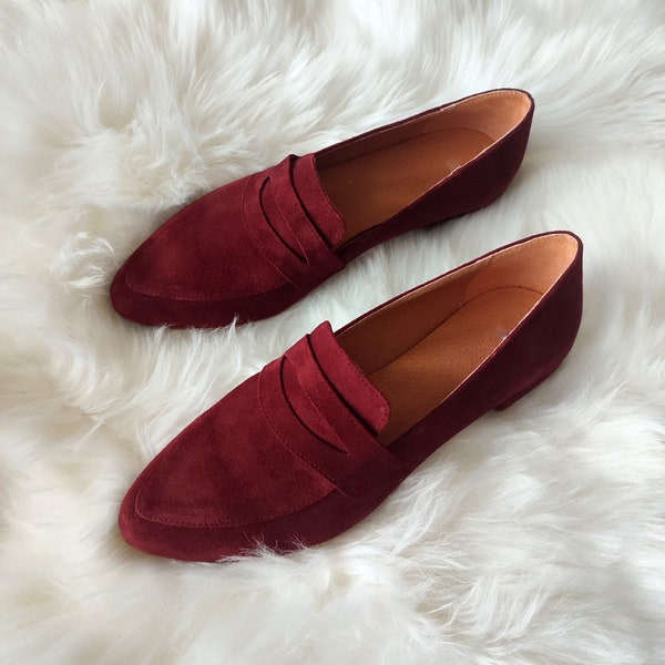 Burgunder Wildleder Loafers, Spitze Zeh Niedriger Absatz, Weinrote Leder Mokassins, Damen Business Look, Slip-on Stilvolle Schuhe, ganztägiger Komfort