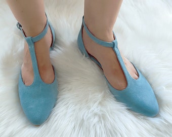 Blue Wedding, Women's Closed-Toe Sandals, T-Strap Flats with Ankle Closure, Retro Styled Shoes, Soft Blue Suede Ballet Pumps, Guest Shoes