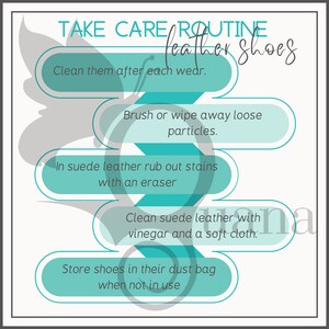 May include: A teal and white graphic with the text "TAKE CARE ROUTINE leather shoes". The graphic provides care instructions: clean after each wear, brush away particles, rub out stains, clean with vinegar, and store in a dust bag.