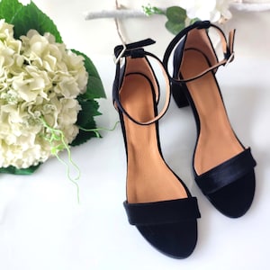 Black Velvet Wedding Heels, Comfortable Block Sandals, Ankle Strap Evening Shoes, Handmade Bridal Guest Heels, Anniversary Party Shoes