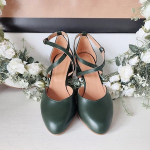 Bridal Dress Pumps, Soft Leather Women's Shoes, Bridesmaid Green Heels, Dark Green Special Occasion Shoes, Cross-Front Closing Straps image 1