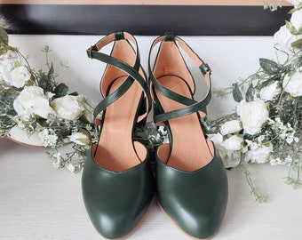 Bridal Dress Pumps, Soft Leather Women's Shoes, Bridesmaid Green Heels, Dark Green Special Occasion Shoes, Cross-Front Closing Straps