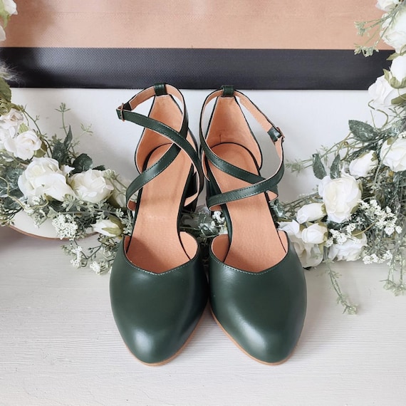 Bridal Dress Pumps, Soft Leather Women's Shoes, Bridesmaid Green Heels, Dark Green Special Occasion Shoes, Cross-Front Closing Straps